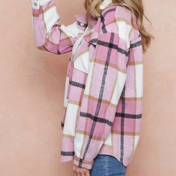 NEW SHACKET FLANNEL PLAID JACKET SHIRT pink/white SM-XLG bohemian western Barbie - Picture 4 of 8